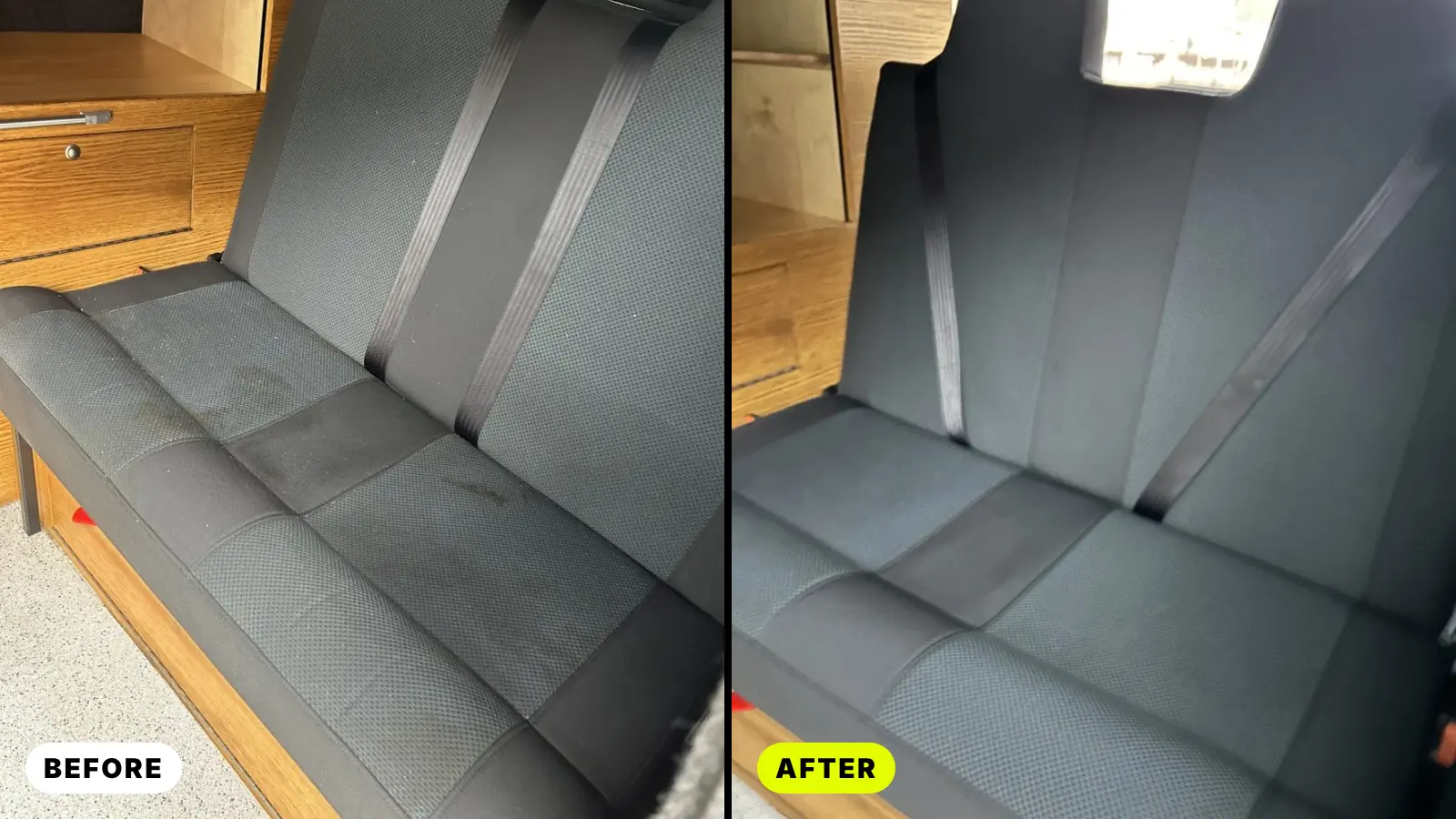 Before and after: a grey fabric bench seat with dark stains, and the same seat after shampoo and extraction