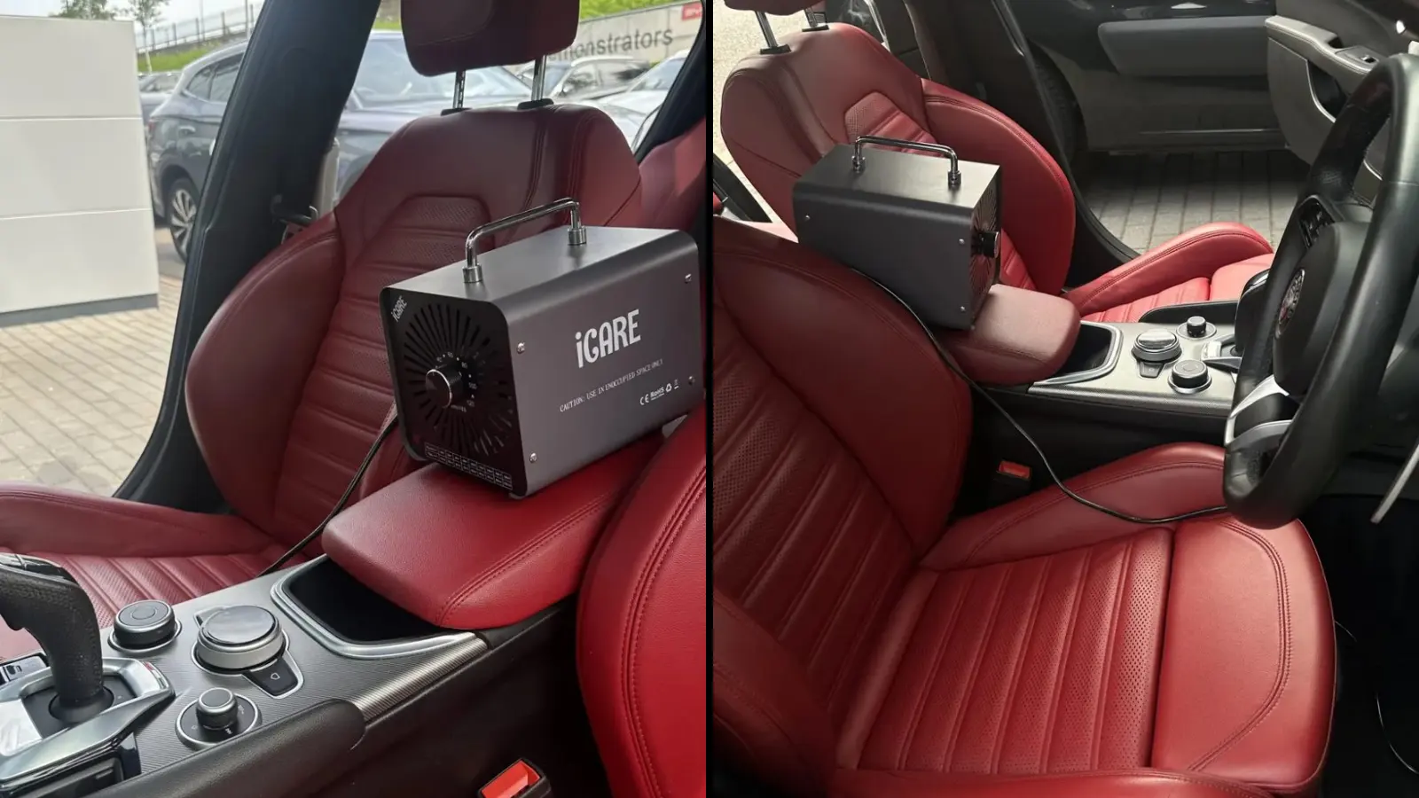 Ozone generator on the armrest of a car with red leather seats, shown from two angles